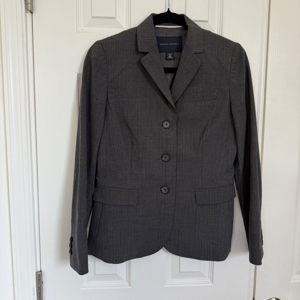 Y2K Banana Republic Womens 2P Gray Pinstripe Wool Stretch Blazer Jacket EUC